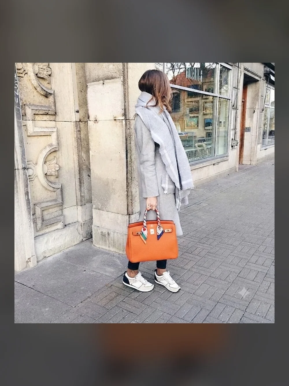 Elegant Orange Leather Tote Bag with Scarf Accent
